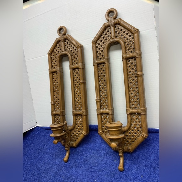 Pair Retro 1980 BURWOOD 2473 Plastic RATTAN Bamboo WALL SCONCE Candle Holder 20” - Picture 2 of 10